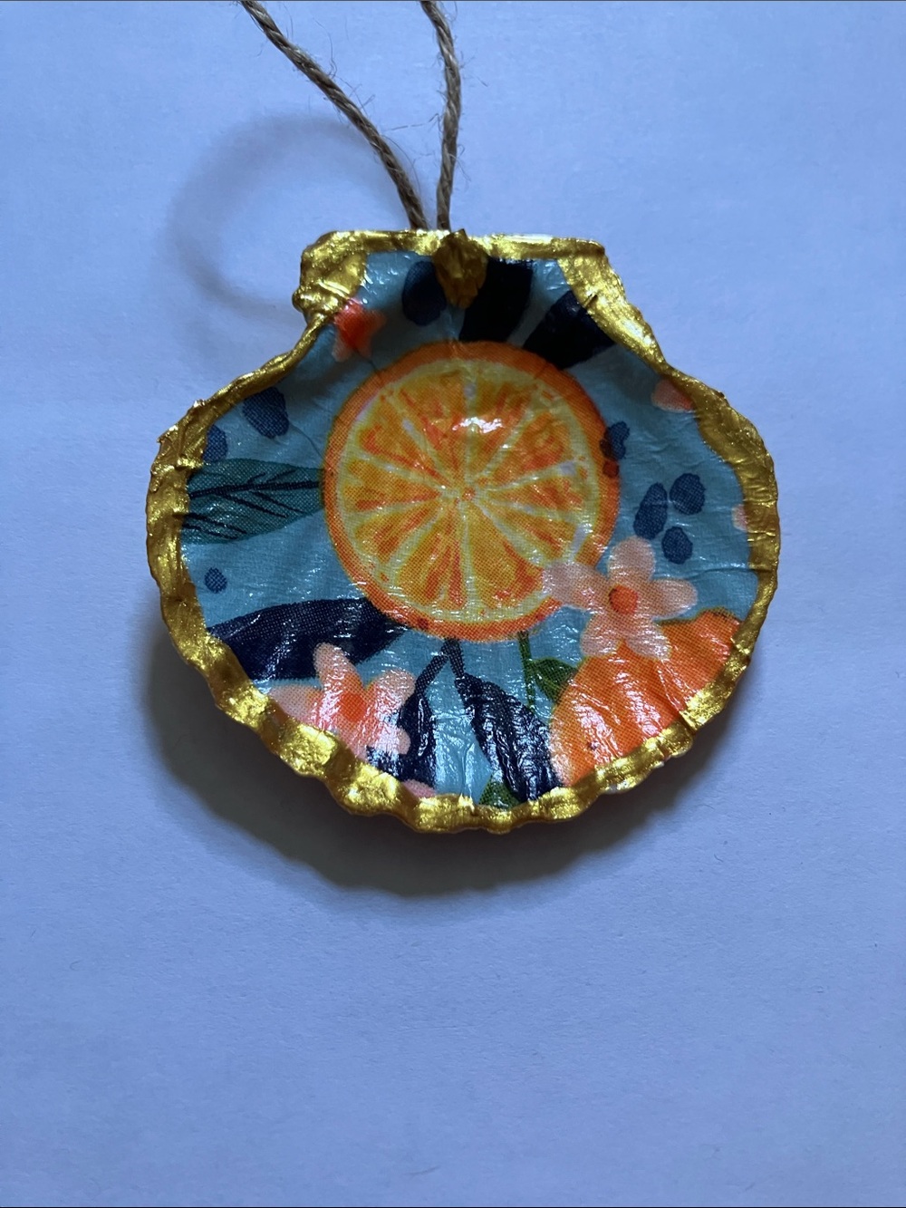 Handcrafted Orange Citrus Shell Ornament Decoupage 3inch Gold Metallic